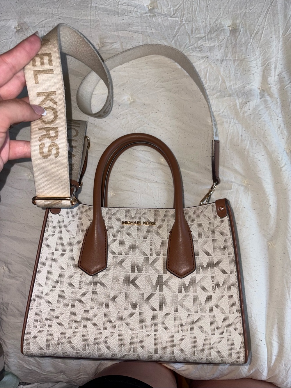 Michael Kors Beige MK Logo Satchel with Brown Trim and Canvas Strap